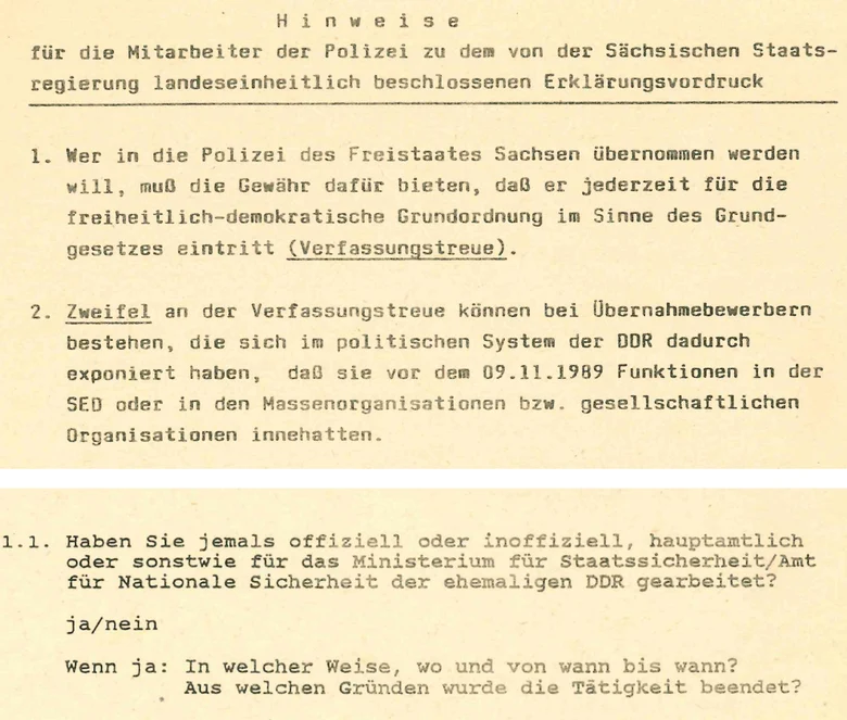 Das Dokument weist darauf hin, dass die übernommenen Bediensteten »jederzeit für die freiheitlich-demokratische Grundordnung« eintreten müssen und wann Zweifel an dieser Verfassungstreue bestehen. Es wird abgefragt, ob für die Stasi gearbeitet wurde.
