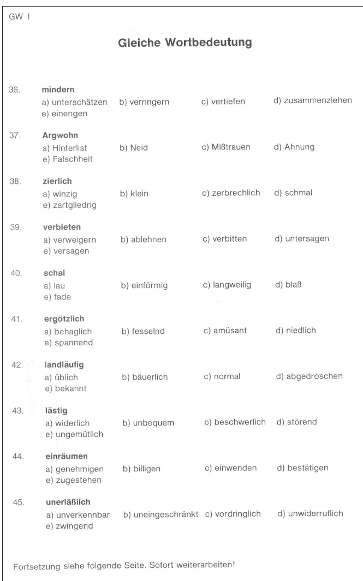 Das Dokument zeigt eine Seite des Eignungstestests zur Sprachkompetenz. Bewerber und Bewerberinnen müssen auf dieser Seite in einer Auflistung gleiche Wortbedeutungen ankreuzen. Zur Auswahl stehen jeweils vier Optionen.