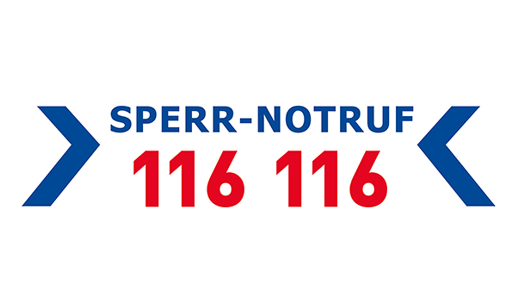 Die Grafik zeigt ein Logo: »SPERR-NOTRUF« in blauen Großbuchstaben, darunter in rot »116 116«.