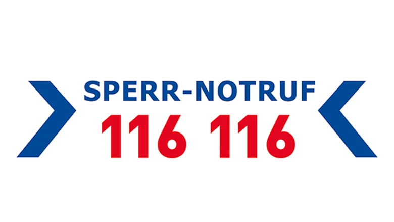 Die Grafik zeigt ein Logo: »SPERR-NOTRUF« in blauen Großbuchstaben, darunter in rot »116 116«.