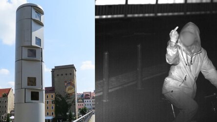 In einer Fotocollage ist links eine graue Kamerasäule auf der Altstadtbrücke in Görlitz zu sehen. Rechts daneben auf einem Schwarz-Weiß-Bild ist ein Mann mit Jacke. Er steckt den Mittelfinger in die Höhe. Sein Gesicht ist unkenntlich gemacht worden.