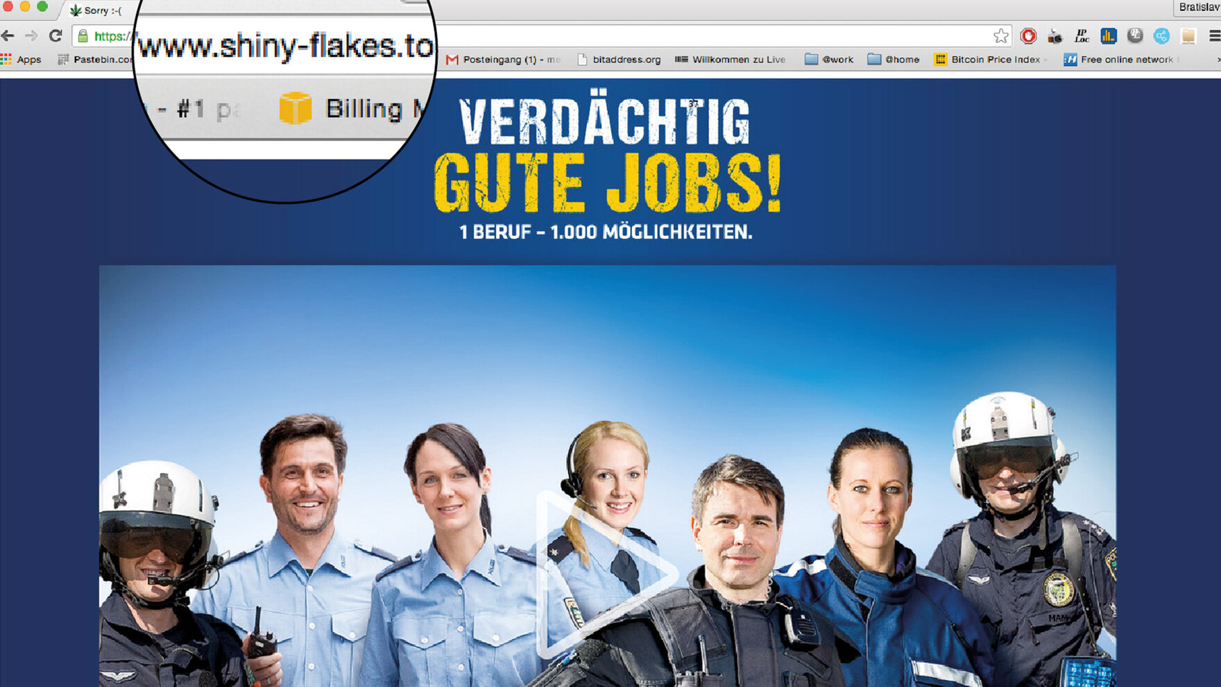 Zu sehen ist ein Screenshot der früheren Website des Internet-Drogendealers »Shiny-Flakes«. Statt Drogen ist nun der Hinweis zur Personalmarketingkampagne »Verdächtig gute Jobs« der Polizei Sachsen mit einem Werbemotiv zu sehen.