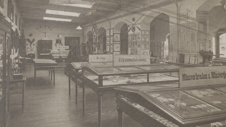 Das historische Bild zeigt den Blick in einen Raum des damaligen Kriminalmuseums mit vielen Ausstellungsstücken. Auf Beschriftungen an Vitrinen ist unter anderem zu lesen: »Urkundenfälschung«, »Betrug«.